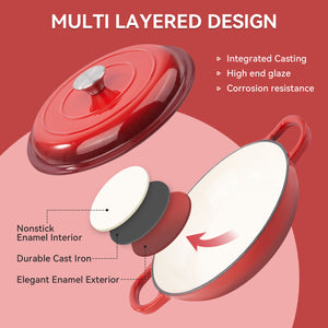 English Elm 3 Quart Enameled Cast Iron Braiser Red – Nonstick Dutch Oven Skillet with Lid, Oven/Grill Safe to 500°F, Even Heat T3950P399256