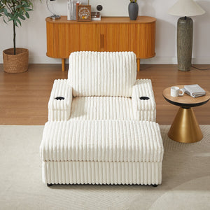 English Elm 42.5-inch corduroy single recliner with cup holder, storage ottoman, plush back pillow for lounging Beige W834P375116