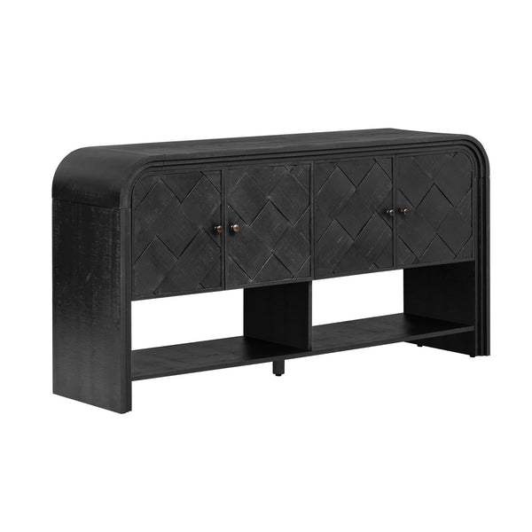 English Elm U_Style woven wood slat console table with solid veneer top, durable MDF frame, 220lb capacity, elegant entryway centerpiece Black N711P269058B