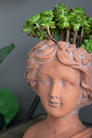 English Elm 9x5.5x9.5" Brown Head Bust Planter, Greek-Style Cement Face Vase for Indoor Outdoor Garden Decor with Classic Sculptural Charm W2078P201073