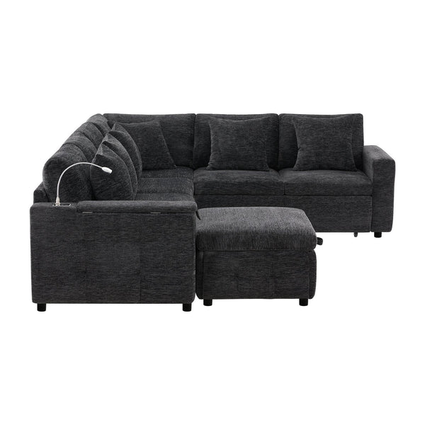 English Elm 117*90'' Modular Sectional Sofa Bed with Flip-Up Table, Reading Lamps, Charging Ports, Ottoman Storage, Tufted Chenille Elegance Black N723S9798B
