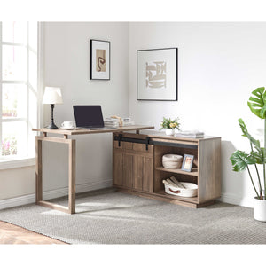 English Elm Desk L-Shaped Workstation With Storage Credenza & Sliding Barn Door – Modern Hazelnut Finish Design B107S00003