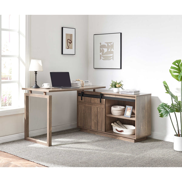English Elm Desk L-Shaped Workstation With Storage Credenza & Sliding Barn Door – Modern Hazelnut Finish Design B107S00003