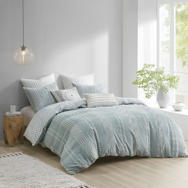 JLA Home INK+IVY - 3 INK+IVY Kara Cotton Jacquard Duvet Set — Reversible Aqua Diamond & Stripe Design, Breathable OEKO-TEX Comfort 92 L x 104 W x 0.25H II12-1107