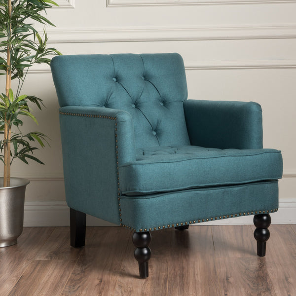 English Elm Christopher Knight Home® - HARRISON Tufted Club Chair with Button Back, Stud Trim & Carved Legs — Plush Upholstered Comfort Teal 53444.00FDTE