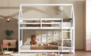 English Elm Twin House-Style Twin Bunk Bed With Safety Guardrails, Ladder & Play Space – White Rubberwood Design W504P227972-GIGA