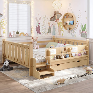 English Elm Queen Bunk Bed with Trundle Solid Pine Kids Car Themed Frame Built-in Bookshelf Light Natural W1580S00544