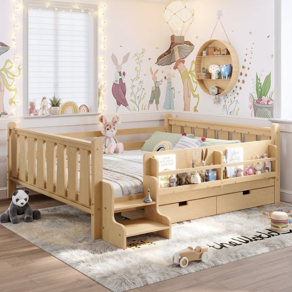 English Elm Queen Bunk Bed with Trundle Solid Pine Kids Car Themed Frame Built-in Bookshelf Light Natural W1580S00544