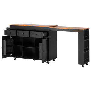 English Elm K&k Rolling Kitchen Island with Extendable Table Open Shelving and Built-in Power Outlet Black N707P360278B