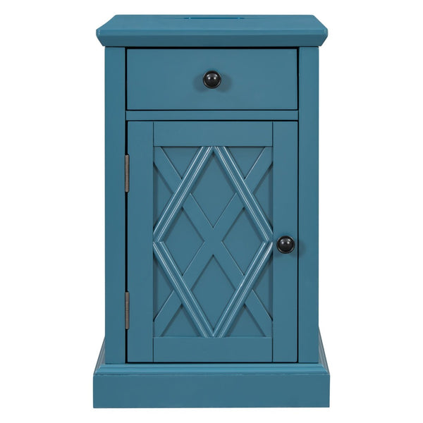 English Elm U-can Acacia Wood End Table with Usb Charging Station Drawer and Cabinet Storage Navy Blue N724P353565M