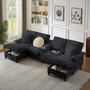English Elm 120" Modular Corduroy Sectional Sofa Bed with Storage, U-Shaped 4-Seater, Cup Holders & Console Black W1359S00013