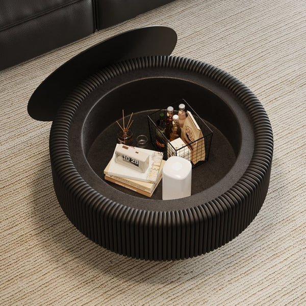 English Elm 31.5" Fluted Leather Round Coffee Table Tempered Glass Lift Top Hidden Storage Modern Black W3158P450847
