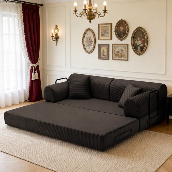 English Elm Convertible Corduroy Floor Sofa Folds Flat as Sleeper Daybed for Studio Living Brown W5532P438820