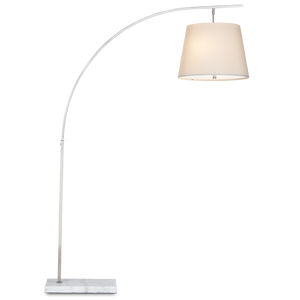 Cloister Modern Nickel Floor Lamp with White Linen Shade - Contemporary Arc Design for Stylish Spaces