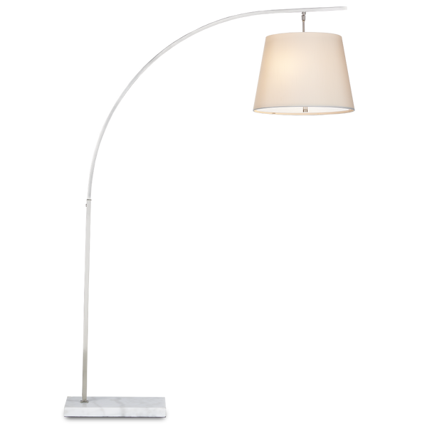 Cloister Modern Nickel Floor Lamp with White Linen Shade - Contemporary Arc Design for Stylish Spaces