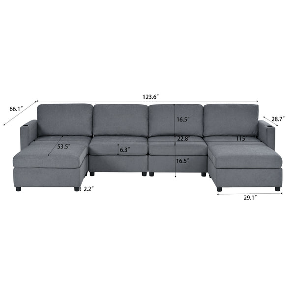 English Elm Modern Large Sectional Sofa U-Shaped 123" Modular Sofa Bed with Ottoman Storage, Plush Chenille Comfort Grey W680S00011