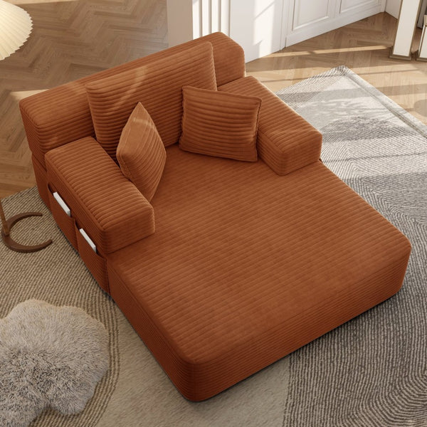 English Elm Luxurious Corduroy Convertible Chaise Lounge Sofa Bed with Storage and Coil Spring Foam Orange W3219P483088