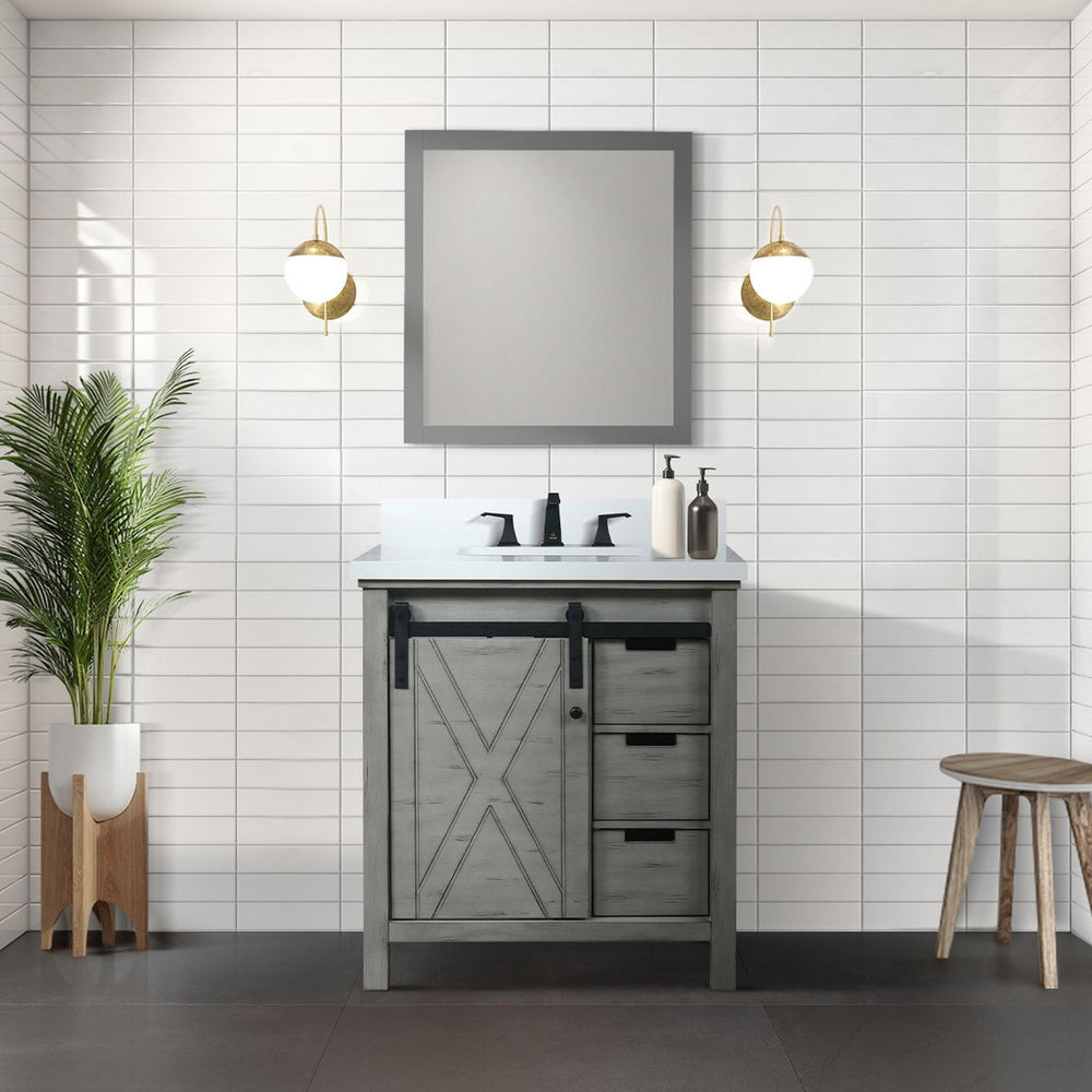 English Elm Ash Grey Bath Vanity Set With White Quartz Top & 28" Mirror - Stylish, Space-Saving Design For Bathrooms B2731S00929