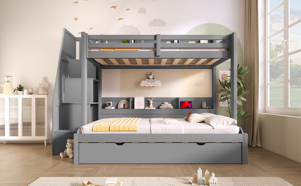 English Elm Twin Over Full Bunk Bed with Stair Drawers Shelves Led Lighting and Usb Port Grey N7090005013E