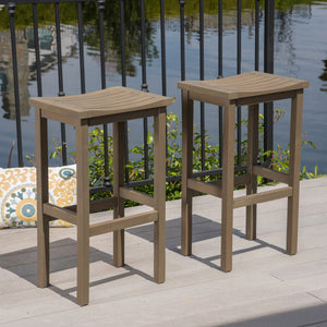 English Elm Christopher Knight Home® - CARIBBEAN Acacia Wood 30" Outdoor Barstool Set of 2 — Weather-Resistant Saddle Seats, Slat Design Grey 61426.00GRY