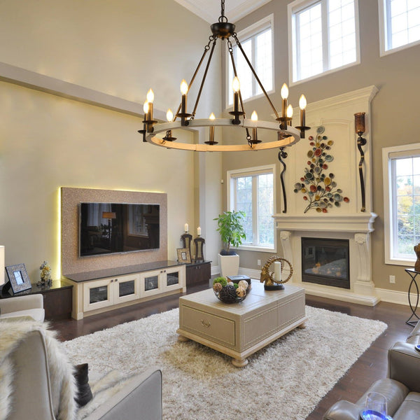 English Elm 32" Rustic Farmhouse 10-Light Chandelier in Matte Black & White Oak, Round Iron Wood Hanging Fixture W1340P221222