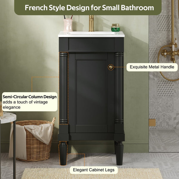 English Elm 18" French Style Vanity with Ceramic Sink Soft Close Door and Adjustable Shelf Black N710P415332B