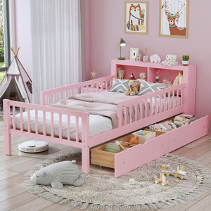 English Elm Twin Size Bed With Pink Finish, Headboard Storage, Under-Bed Drawers & Guardrails For Kids' Safety N733P272374H-GIGA