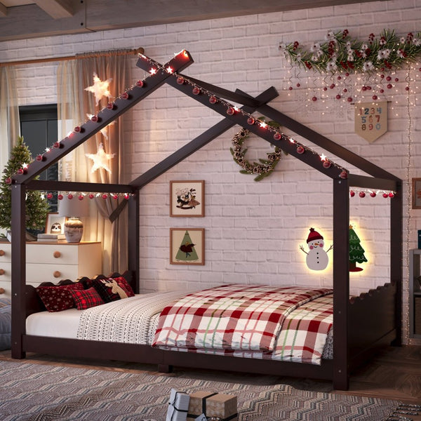 English Elm Twin House Frame Floor Bed Solid Pine Kids Room Montessori Low Profile Play Nook Espresso W1580P387842