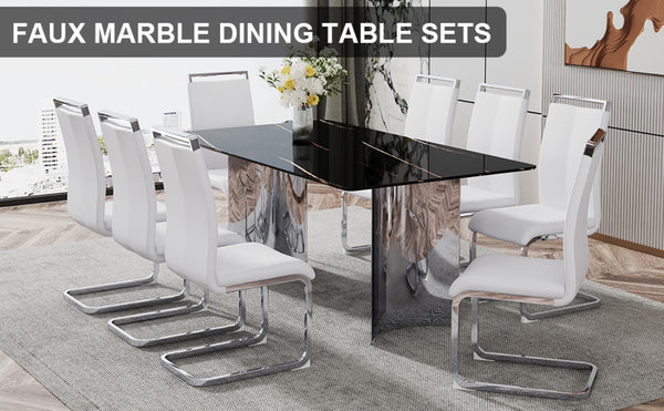 English Elm Table With Glass Top & 8 White Pu Chairs - Elegant Marble Pattern, Stainless Steel Legs, Easy Assembly W1151S02607-GIGA