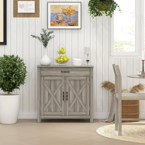 English Elm HOMCOM Rustic Farmhouse Sideboard Buffet Cabinet with Barn Doors, Drawer & Adjustable Shelves for Entryway Gray Wash W2225P229124