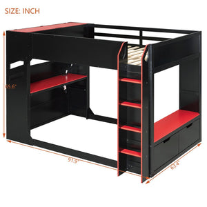 English Elm Full Size Loft Bed with Rgb Lighting Desk Drawers Hanging Rod Teen Bedroom Red LT000288AAJ-1