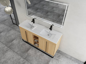 English Elm 60" Freestanding Bathroom Vanity with Dual Resin Sink, 4 Soft-Close Doors, 3 Open Shelves & Towel Hanger, Plywood Storage Boxes, Modern Durable Hardware W999S00480