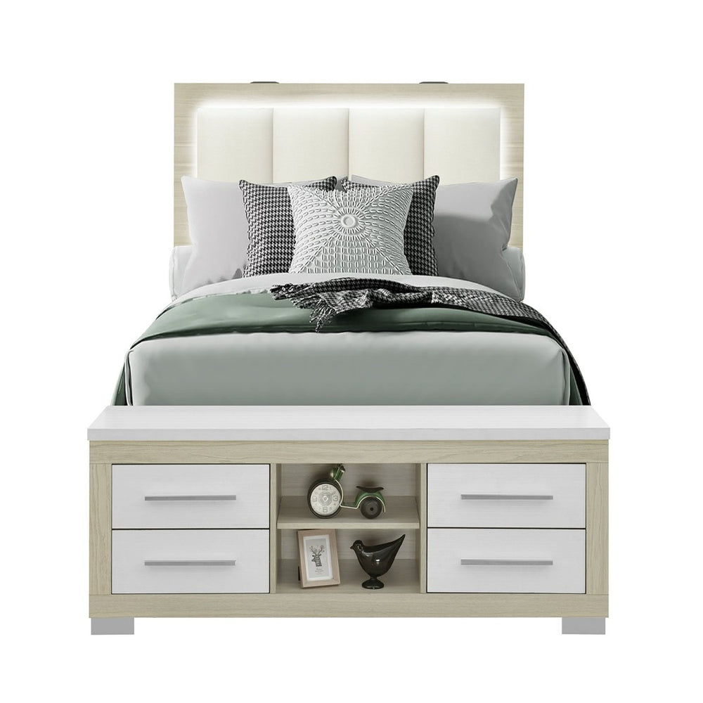 English Elm Messa Full Storage Bed Bookcase Headboard Led Lighting Urban Contemporary Bedroom Natural+White B201S00360