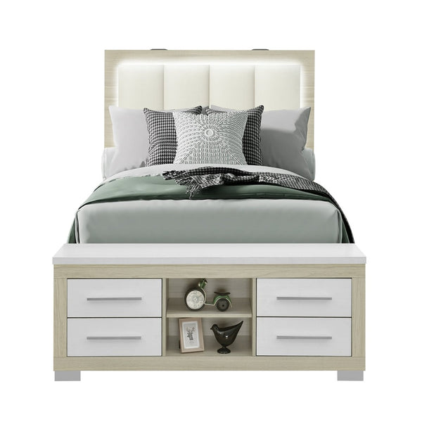 English Elm Messa Full Storage Bed Bookcase Headboard Led Lighting Urban Contemporary Bedroom Natural+White B201S00360