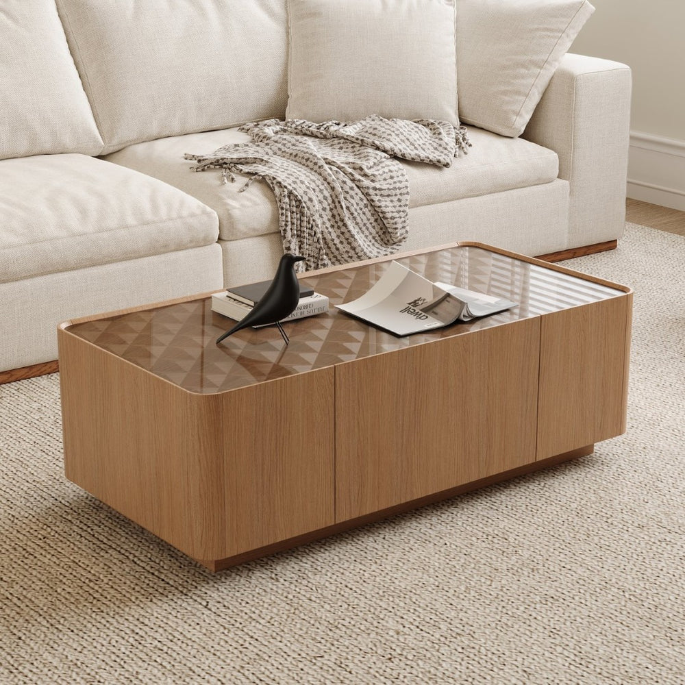 English Elm 46.8" Mid-century Walnut Coffee Table Tempered Glass Top with Concealed Drawers W2263P458487