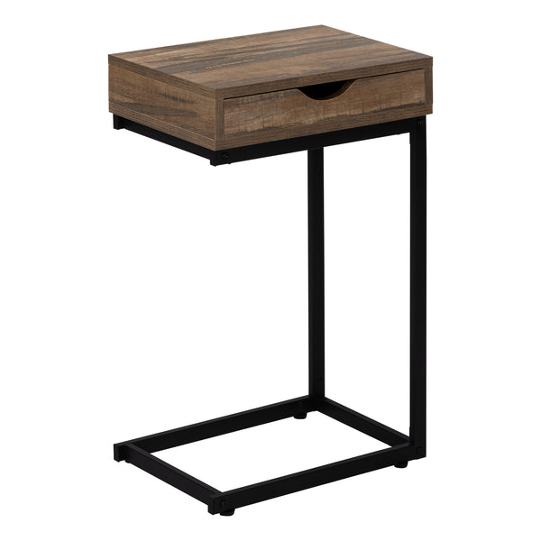 English Elm Accent C-Shaped End Table with Slide-Under Base, Reclaimed Brown Laminate Top & Drawer Storage, Black Metal Frame for Sofa Side Convenience and Modern Living Room Use B2710P219357