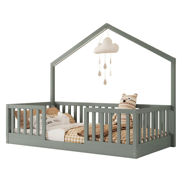 English Elm Twin Montessori Floor Bed House Frame with Led Lighting and Safety Rails for Kids Grey W2593P440597