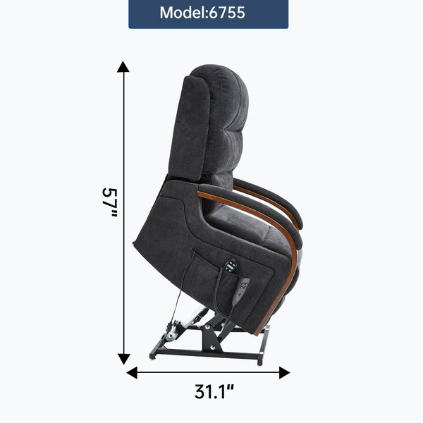 English Elm Power Lift Recliner Chair Chenille Upholstery Dual Motor Heat Massage Solid Wood Arms Black W1803S00076