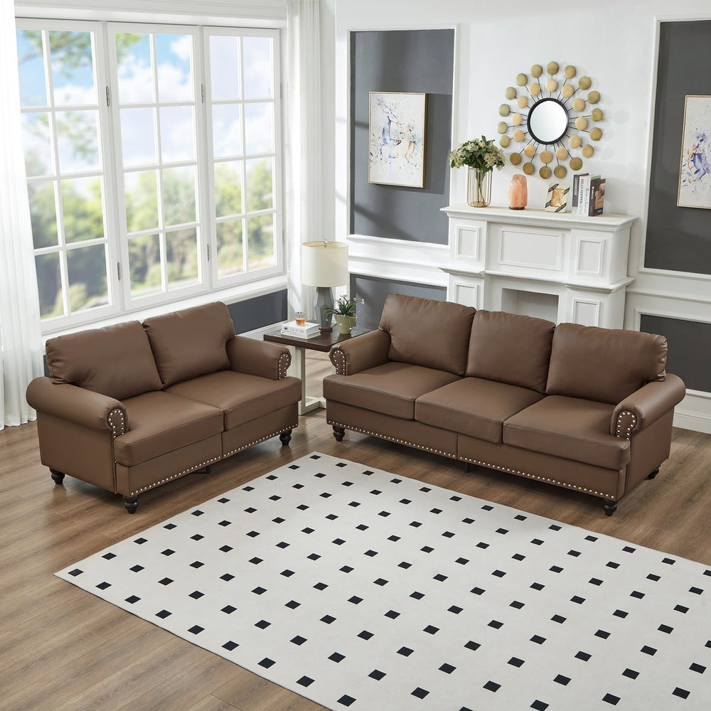 English Elm Modern Classic Living Room 2+3 Seater Sofa Set with Nailhead Trim, Removable Covers, Coil Springs, Hidden Storage Brown W1097S00180
