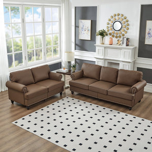 English Elm Modern Classic Living Room 2+3 Seater Sofa Set with Nailhead Trim, Removable Covers, Coil Springs, Hidden Storage Brown W1097S00180