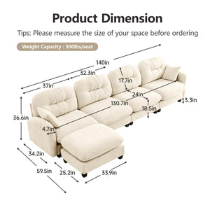 English Elm Modular Sectional Sofa With Ottoman – Versatile Chenille Fabric, Ergonomic Design, Custom Layouts, Beige W714S01372