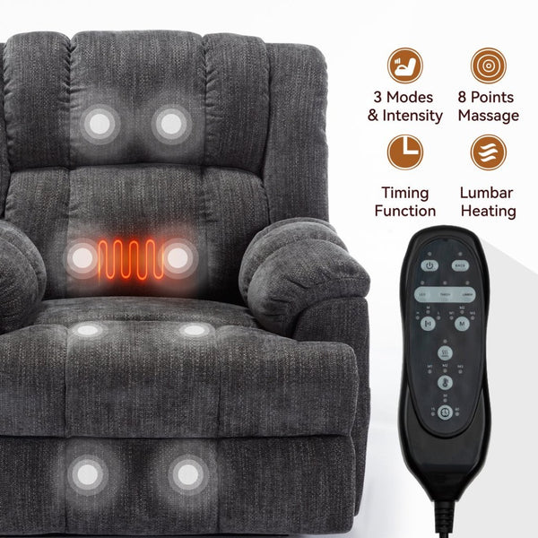 English Elm Dual Motor Power Lift Recliner Chenille Chair with Massage Heat and Infinite Positions Grey W3224P288492