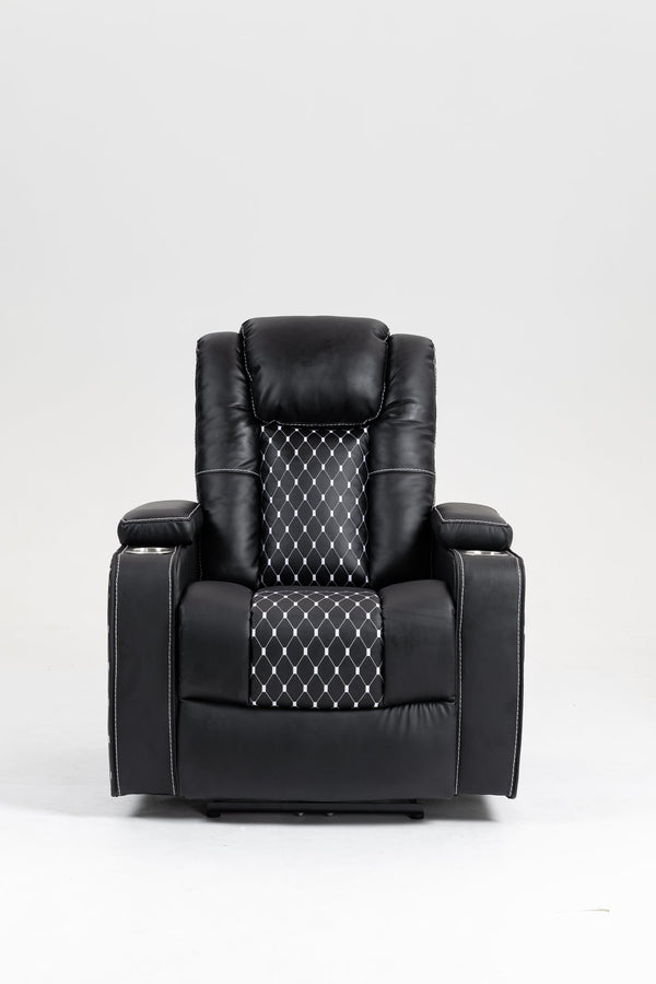 English Elm Lounge PU Leather Power Lift Recliner with Wireless Charging, Cup Holder, Side Pockets, Infinite Recline Black W547P190590