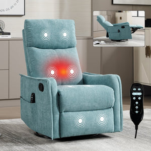 English Elm Heat Massage Rocker Swivel Recliner Fabric Chair with Lumbar Therapy for Living Room Antique Blue Green W1803P362302