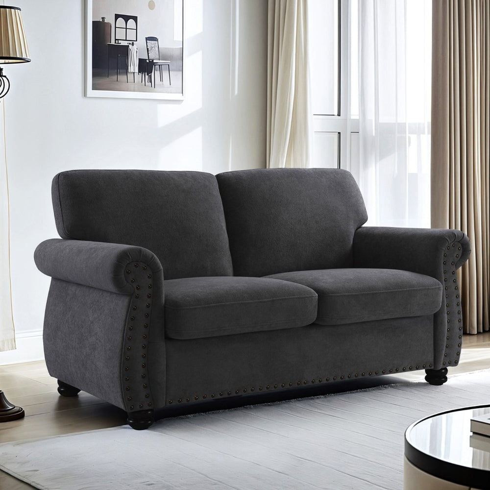 English Elm Soft Velvet Upholstered Loveseat with Turned Wood Legs Nailhead Trim Mid-century Style Black B2735P292309