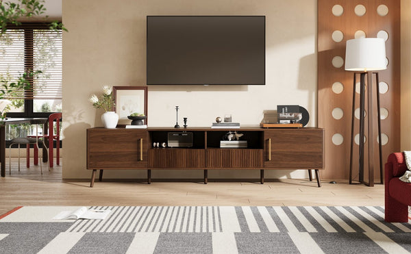 English Elm 78 Inch Walnut Entertainment Center Fluted Doors Solid Wood Legs for Living Room N710P372538P