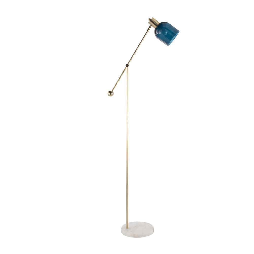 English Elm Marcel Contemporary Floor Lamp with White Marble Base, Gold Metal & Blue Glass Shade — Luxe Ambient Light (98) B202P224218