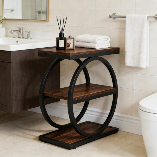English Elm Modern Two Tier End Table Black Metal Frame Wood Grain Surface for Living Room T3971P451267