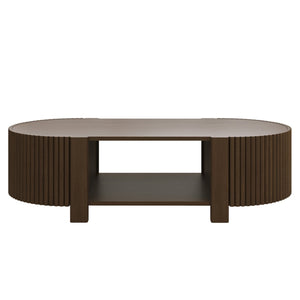 English Elm Oval Fluted Rubberwood Coffee Table with Open Storage Shelf for Living Room Walnut N735P369880D