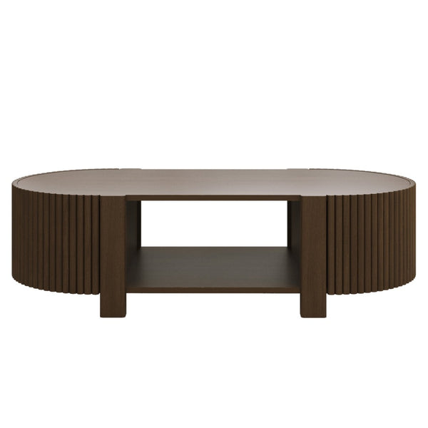 English Elm Oval Fluted Rubberwood Coffee Table with Open Storage Shelf for Living Room Walnut N735P369880D